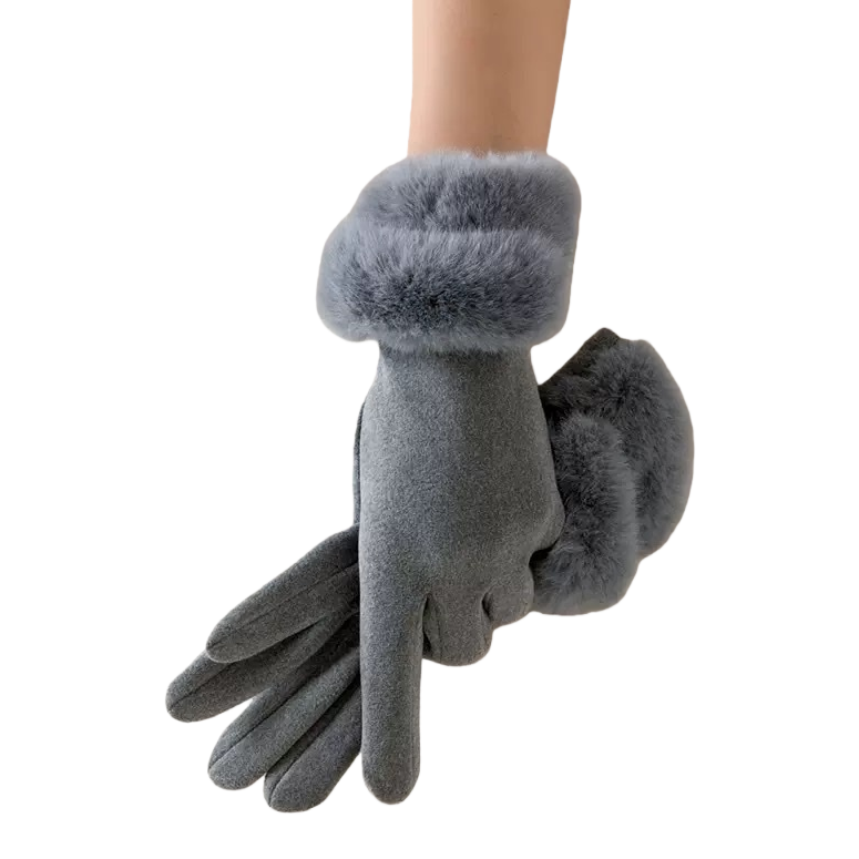 Grey German fleece winter gloves with plush cuffs are warm, fashionable and suitable for beige coats as hand accessories Item Picture