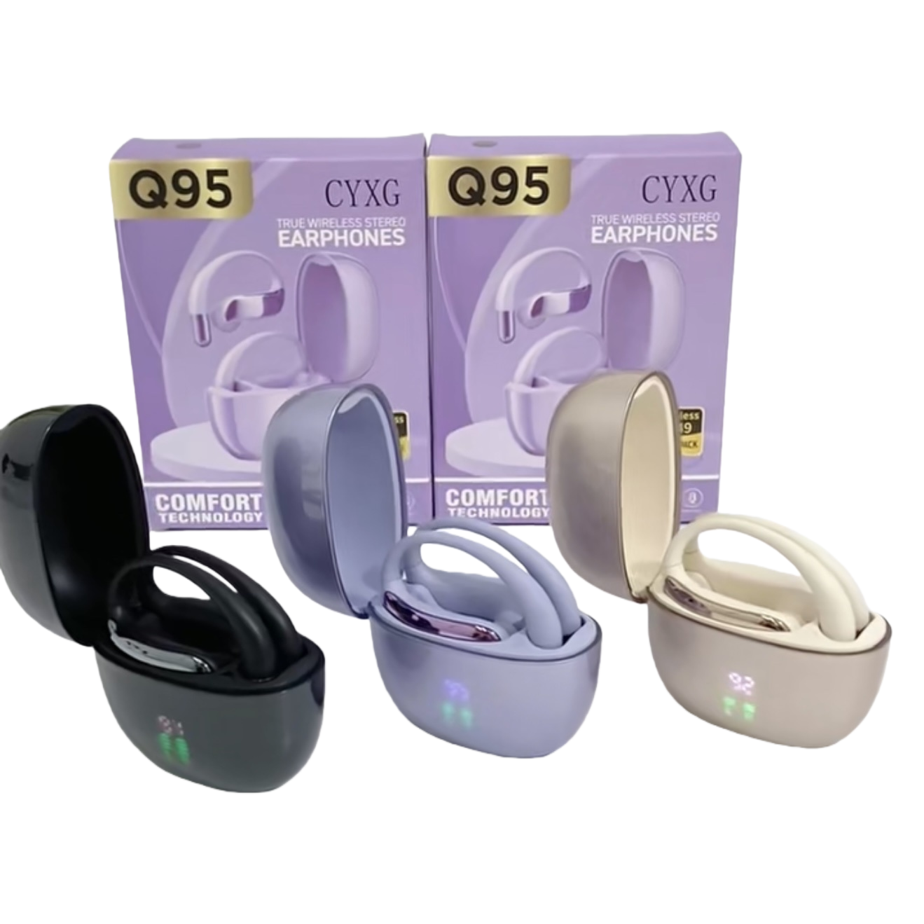 Fashionable purple packaging box with black, gray and beige earphone charging case, portable wireless Bluetooth earphone storage box, trendy style Item Picture