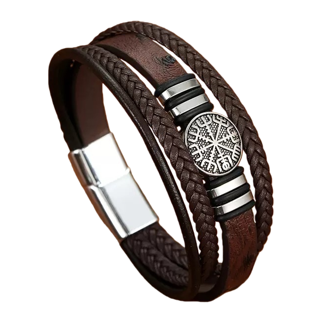 Brown woven leather bracelet with a silver Nordic rune badge in the center. Fashionable and trendy jewelry for both men and women Item Picture