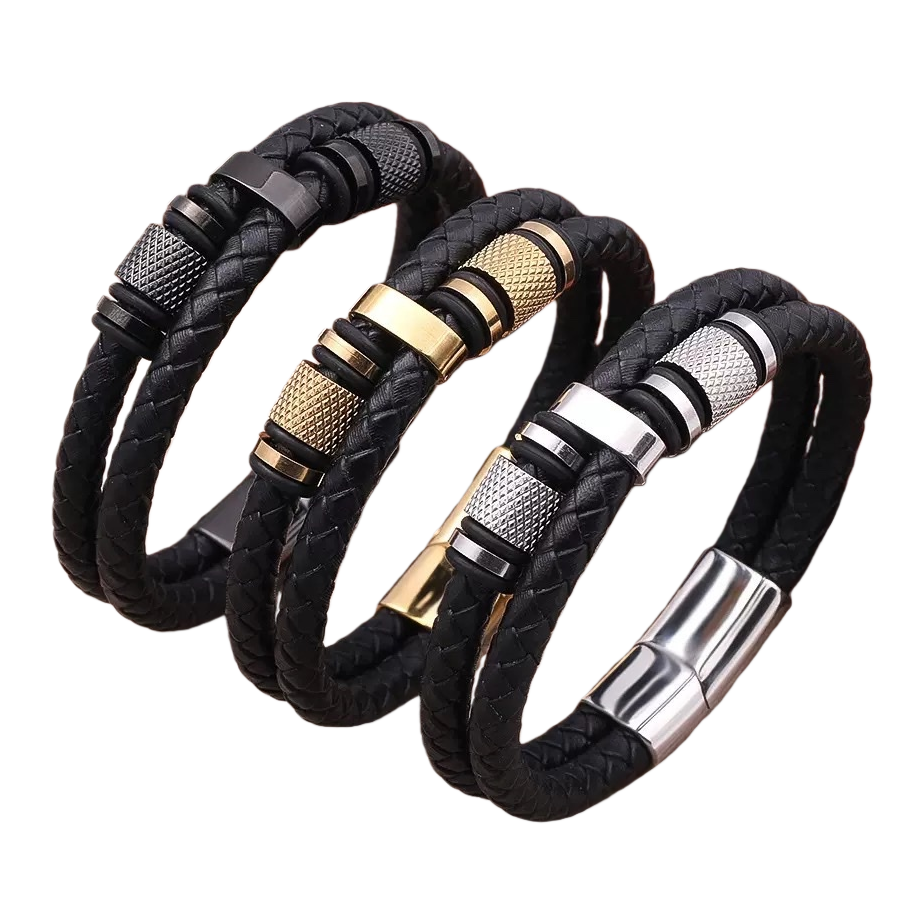 Fashionable black woven leather bracelet with metal decorative clasp, trendy and versatile jewelry, simple style for both men and women Item Picture