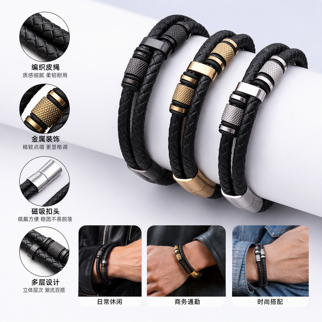 Fashionable black woven leather bracelet with metal decorative clasp, trendy and versatile jewelry, simple style for both men and women