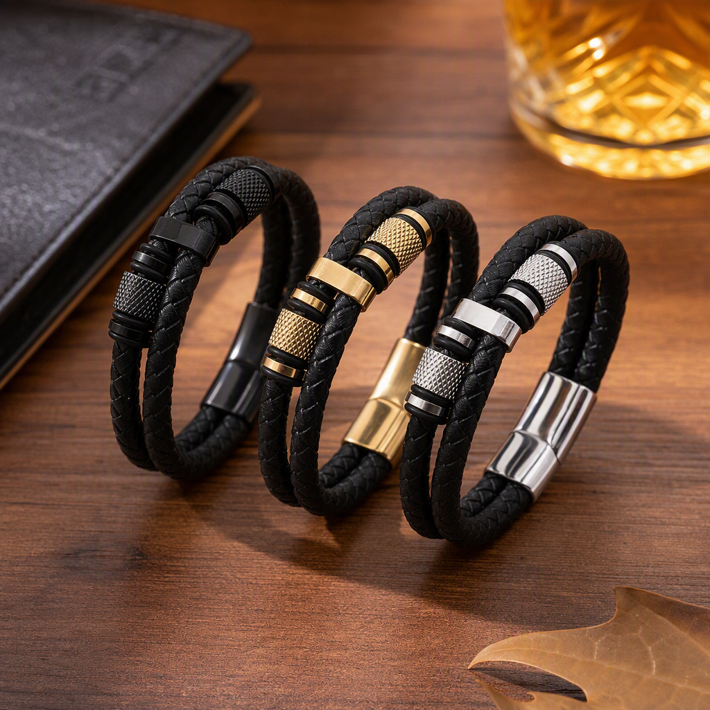 Fashionable black woven leather bracelet with metal decorative clasp, trendy and versatile jewelry, simple style for both men and women details Picture