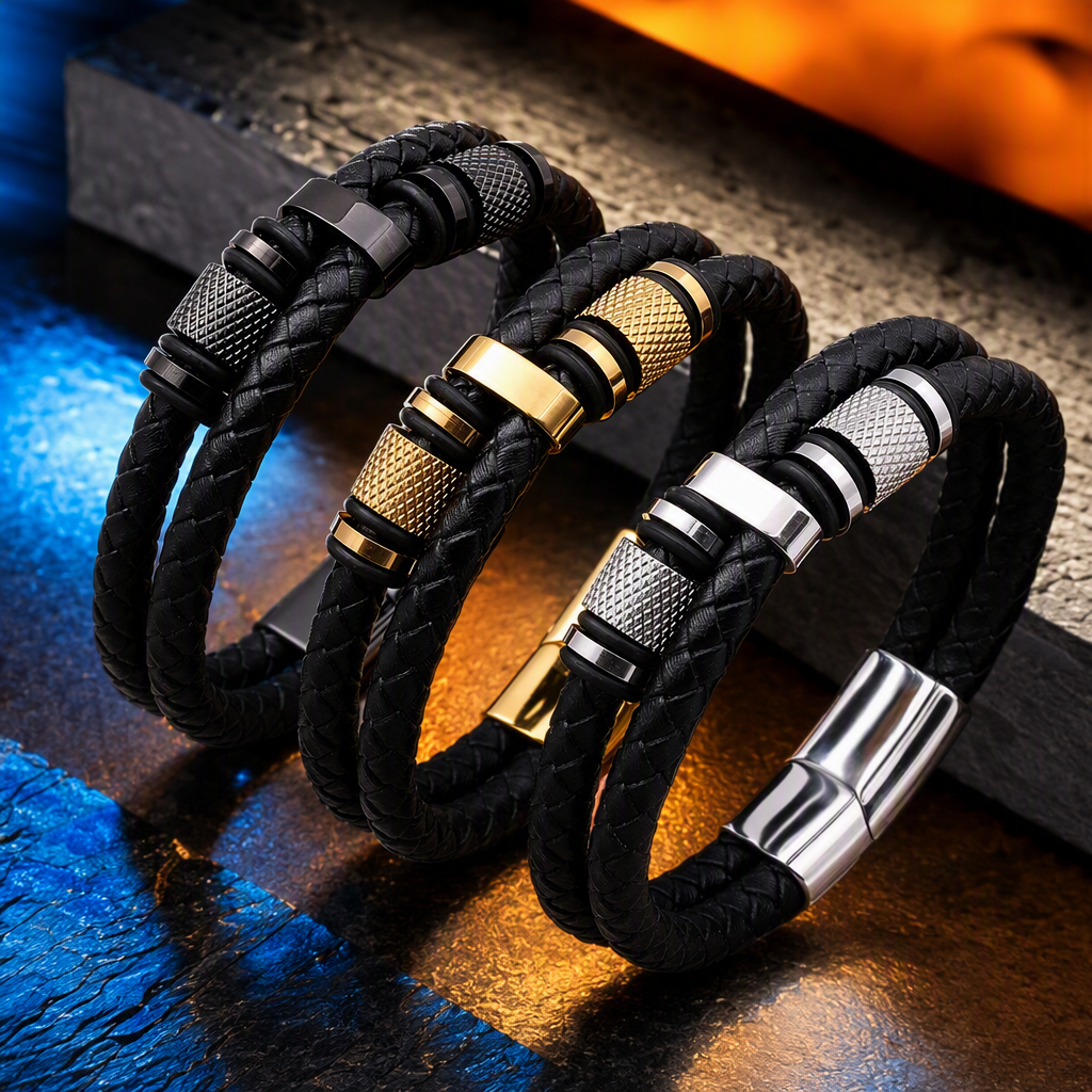 Fashionable black woven leather bracelet with metal decorative clasp, trendy and versatile jewelry, simple style for both men and women Specification image