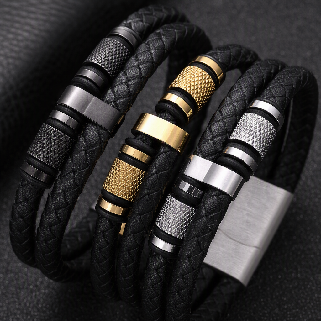 Fashionable black woven leather bracelet with metal decorative clasp, trendy and versatile jewelry, simple style for both men and women Application Scenario
