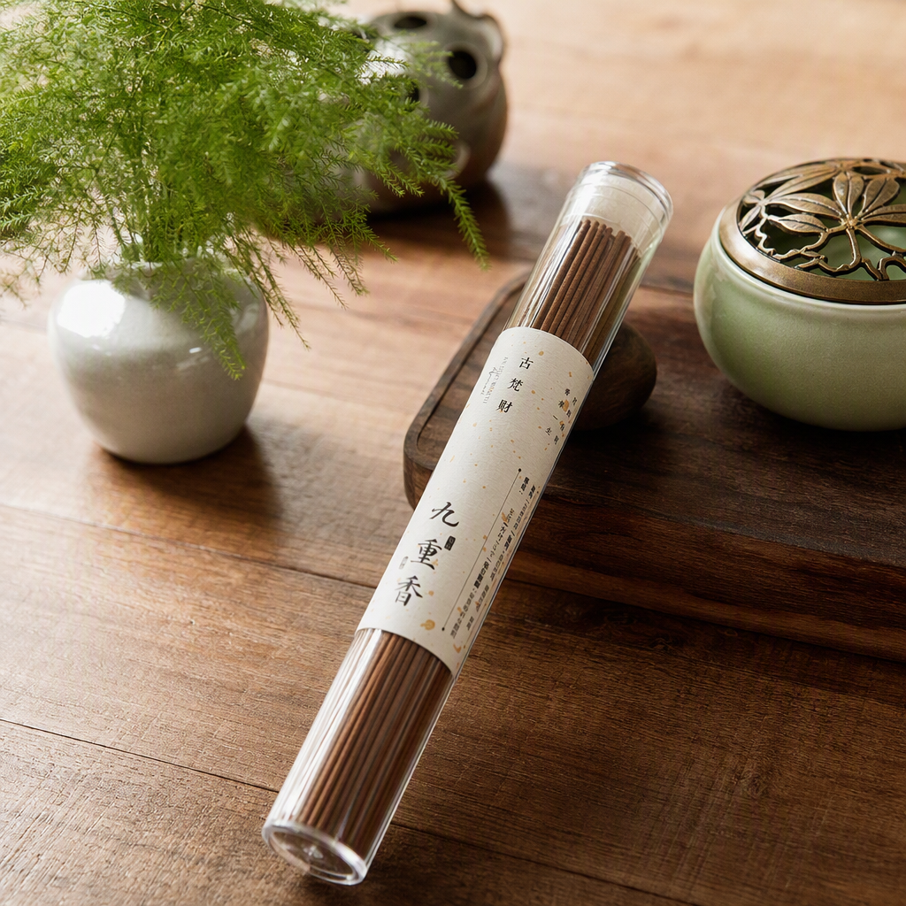 The Gufancai Nine-Layered Incense is in a transparent cylindrical box with brown incense sticks. It is an indoor spice gift box with a long-lasting, natural fragrance and a rich aroma details Picture
