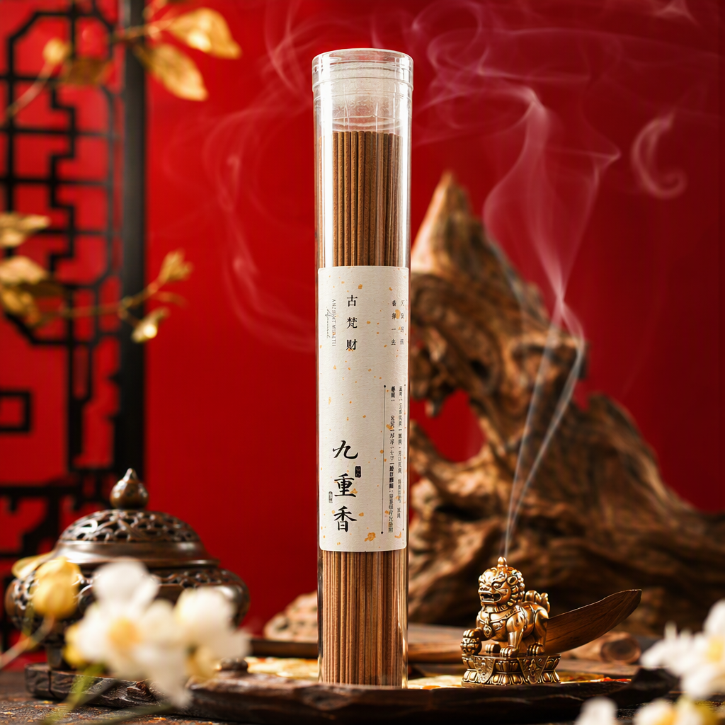 The Gufancai Nine-Layered Incense is in a transparent cylindrical box with brown incense sticks. It is an indoor spice gift box with a long-lasting, natural fragrance and a rich aroma Specification image