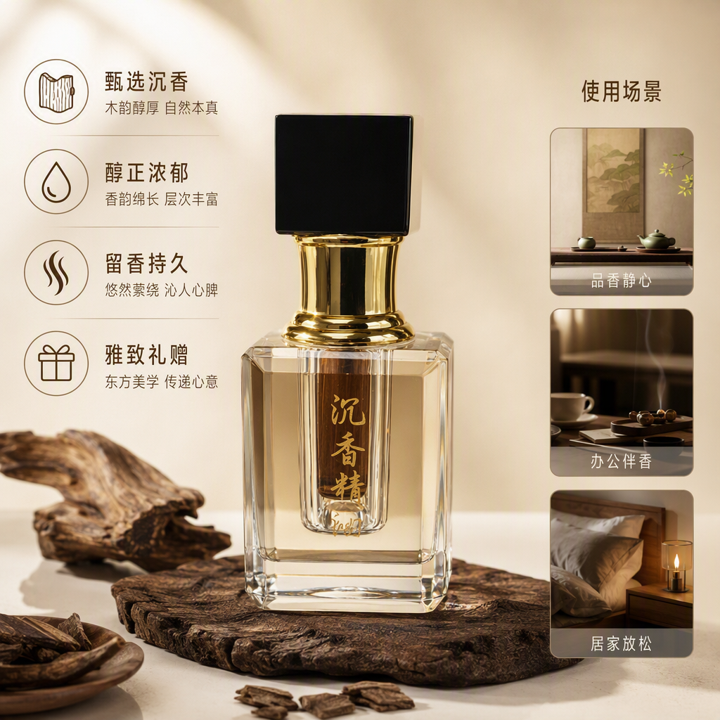 Agarwood essential oil in a transparent crystal bottle, indoor fragrance, natural relaxing spice, 50ml