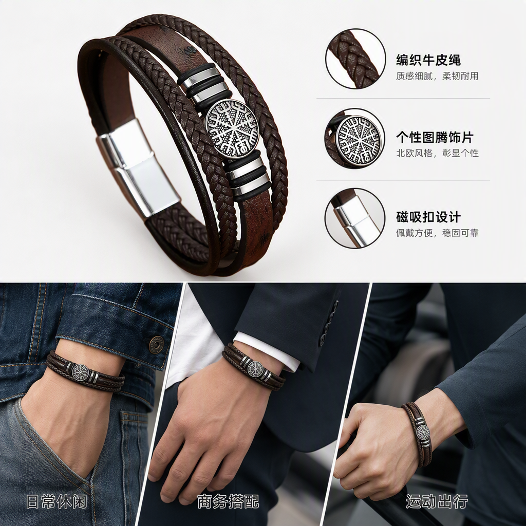 Brown woven leather bracelet with a silver Nordic rune badge in the center. Fashionable and trendy jewelry for both men and women