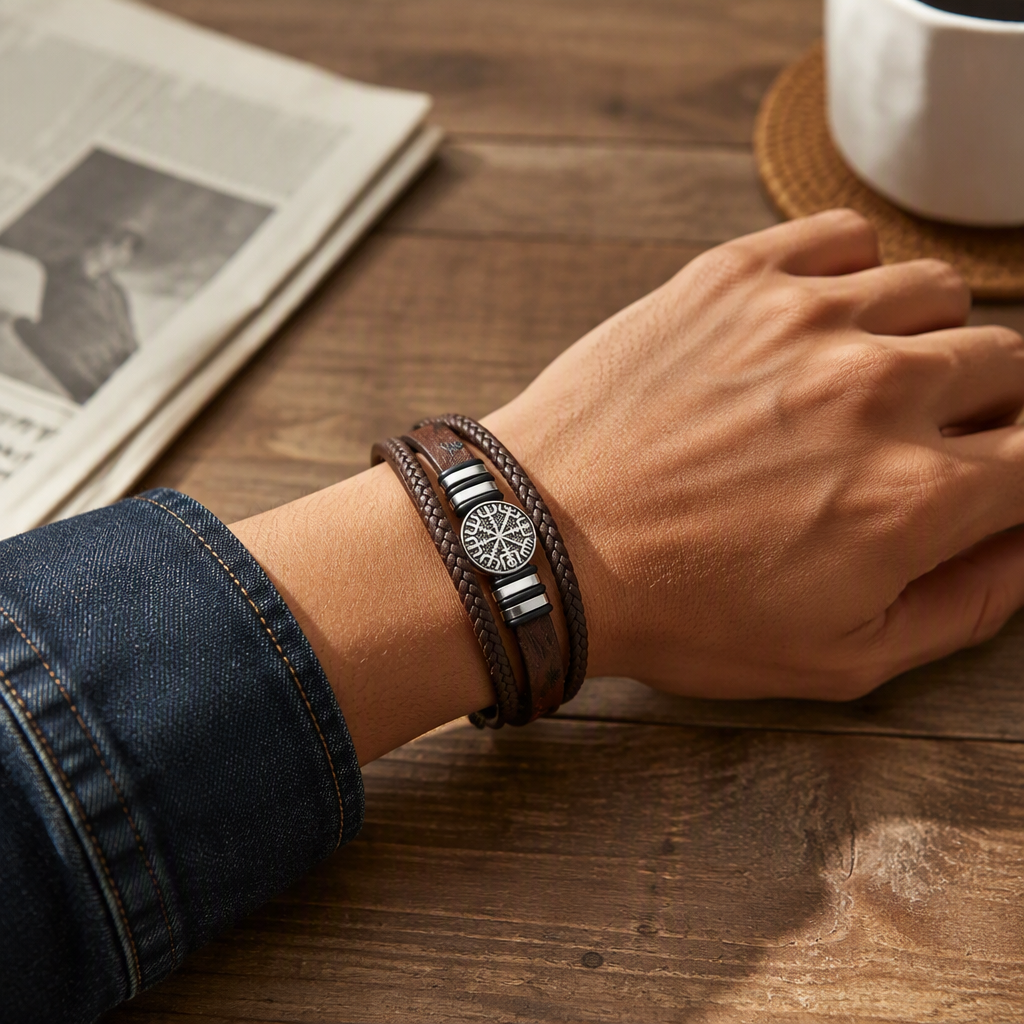 Brown woven leather bracelet with a silver Nordic rune badge in the center. Fashionable and trendy jewelry for both men and women details Picture