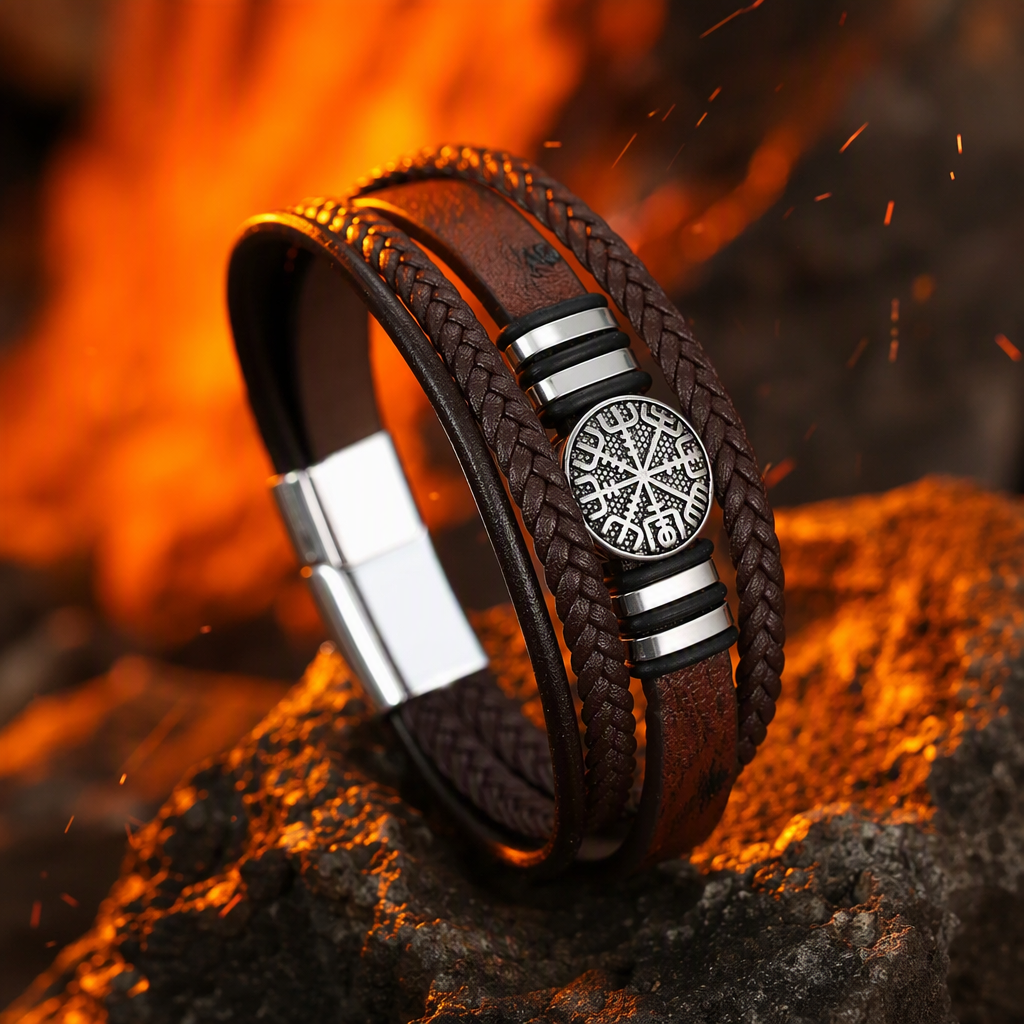Brown woven leather bracelet with a silver Nordic rune badge in the center. Fashionable and trendy jewelry for both men and women Specification image