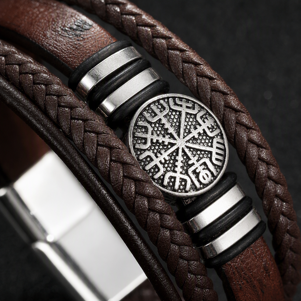 Brown woven leather bracelet with a silver Nordic rune badge in the center. Fashionable and trendy jewelry for both men and women Application Scenario