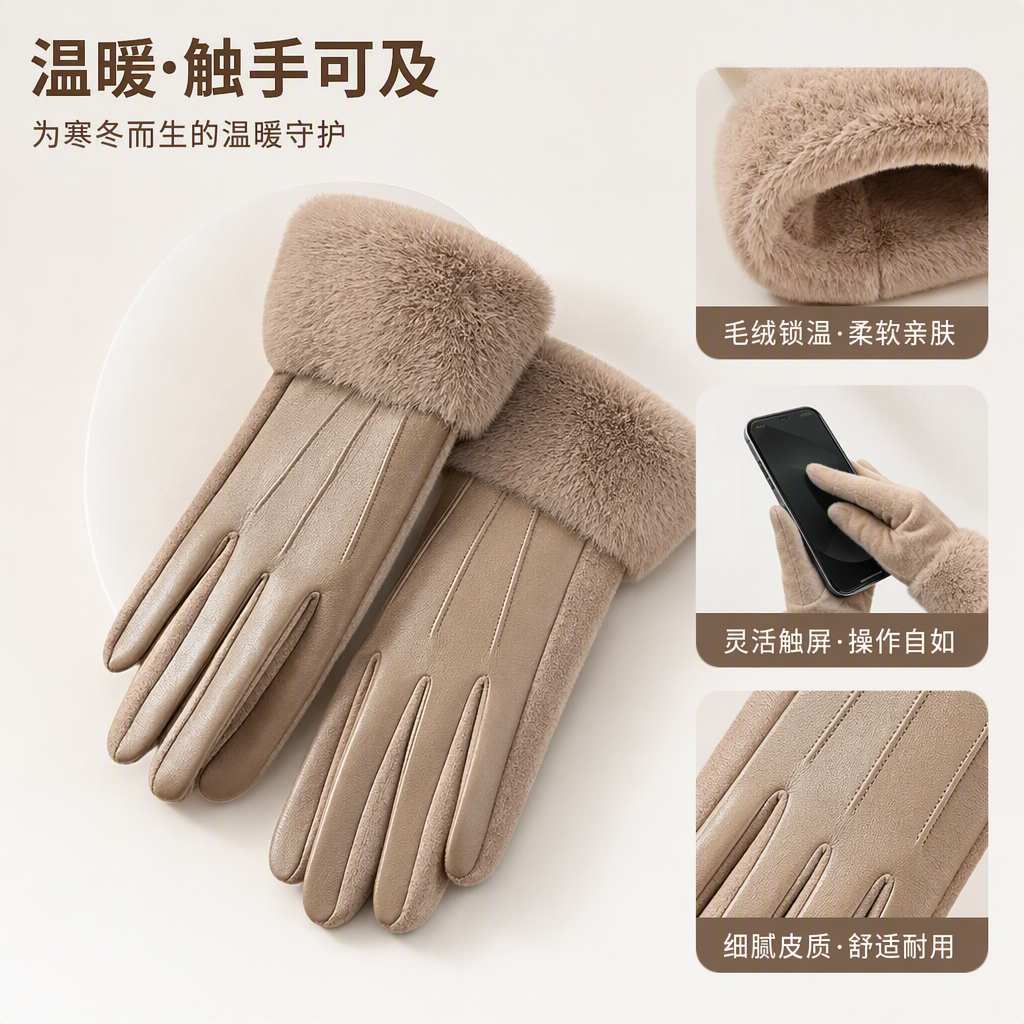 Beige deerskin warm touch screen gloves with plush cuffs, autumn and winter men's and women's styles, cold and wind protection, hand warmth, fashionable and casual