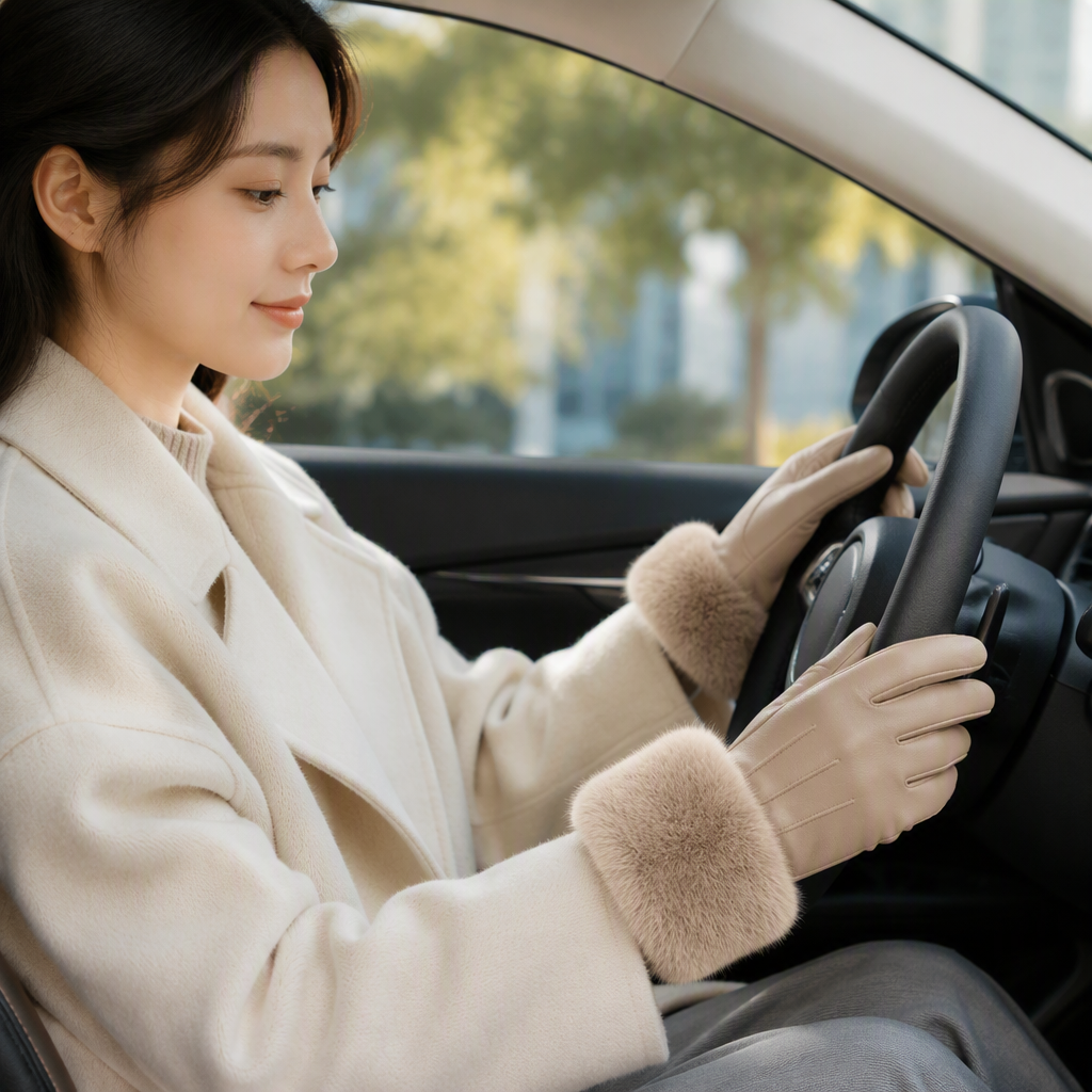 Beige deerskin warm touch screen gloves with plush cuffs, autumn and winter men's and women's styles, cold and wind protection, hand warmth, fashionable and casual details Picture