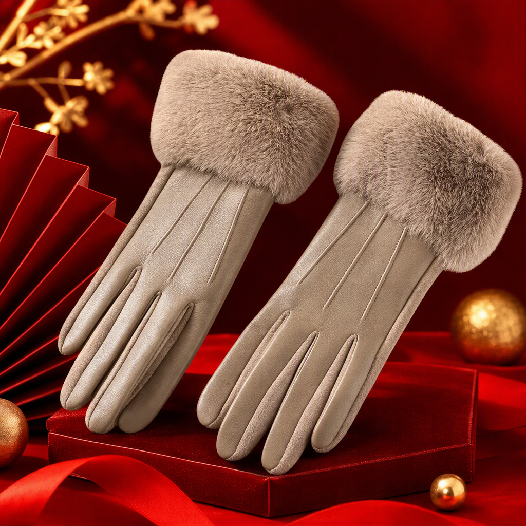 Beige deerskin warm touch screen gloves with plush cuffs, autumn and winter men's and women's styles, cold and wind protection, hand warmth, fashionable and casual Specification image