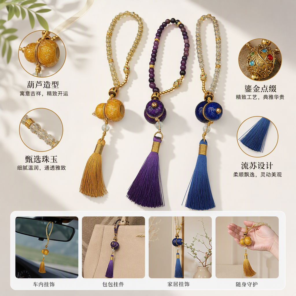 Three-string beaded pendant, amethyst crystal gold foil gourd, blue glaze gourd pendant with color tassels, fashionable and versatile accessory