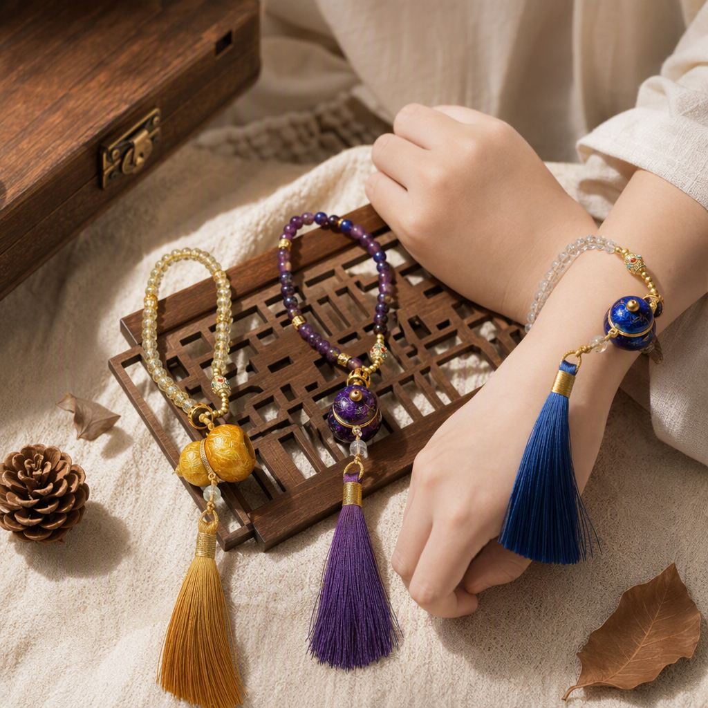 Three-string beaded pendant, amethyst crystal gold foil gourd, blue glaze gourd pendant with color tassels, fashionable and versatile accessory details Picture