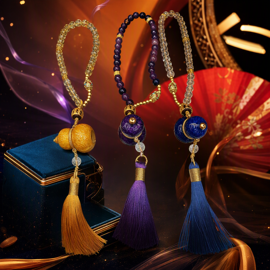 Three-string beaded pendant, amethyst crystal gold foil gourd, blue glaze gourd pendant with color tassels, fashionable and versatile accessory Specification image