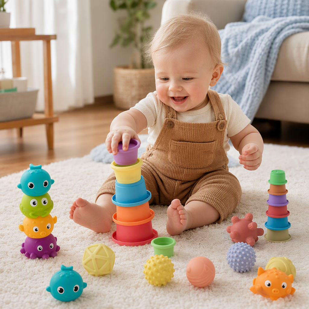 Colorful soft rubber baby toy set, safe and non-toxic, educational and enlightenment children's toy gift box details Picture