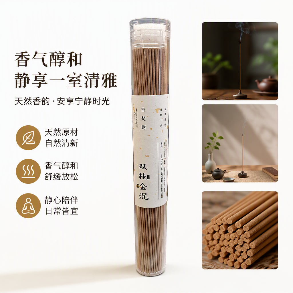 The Gufancai Double Osmanthus Gold Incense Stick is in a transparent cylinder. The fragrance lingers for a long time and is a must-have for home and office use