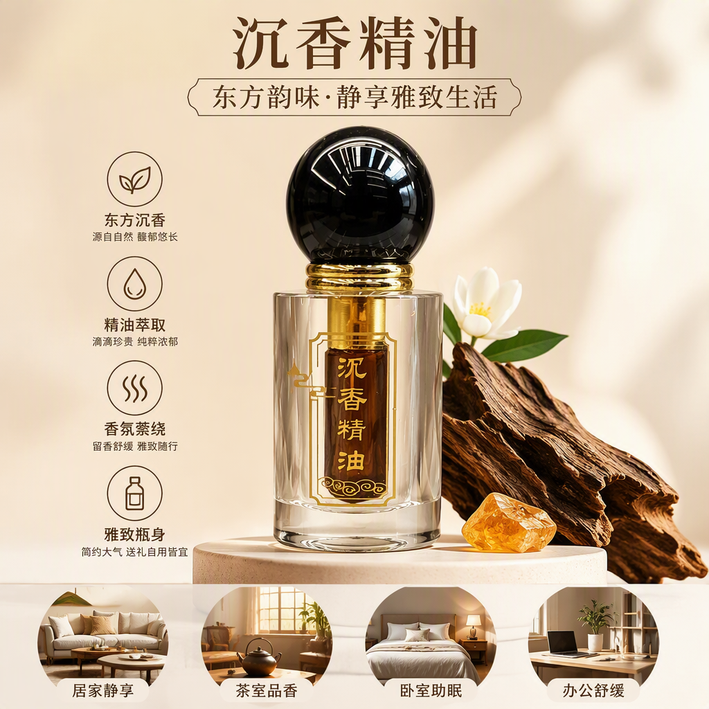 Agarwood essential oil in transparent glass bottles, natural aromatherapy oil, indoor fragrance, relaxation and massage products