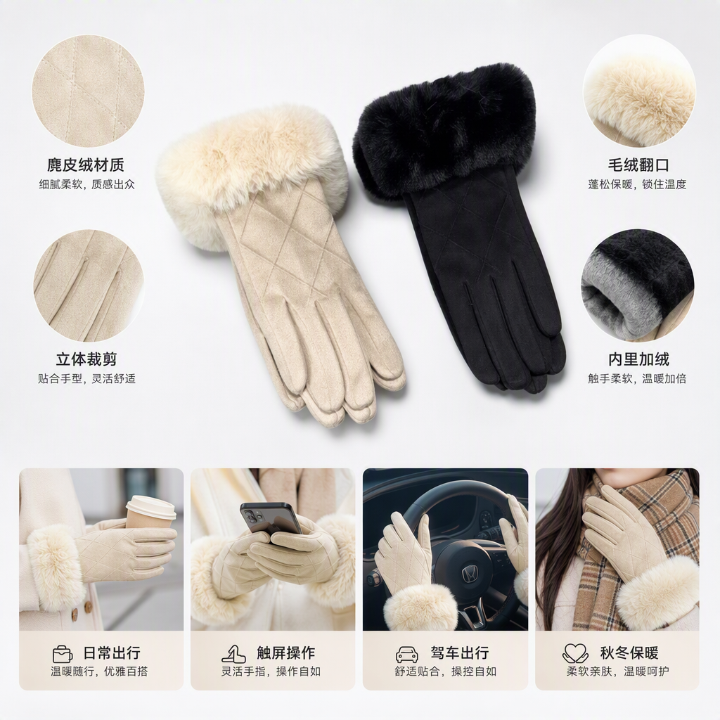 Warm and comfortable beige plush gloves, black and thick for warmth, winter touch screen wearable for both men and women