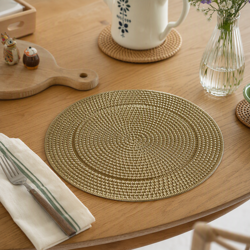 Golden woven texture plates are fashionable and creative home decoration tableware and table items. They are essential for restaurants details Picture