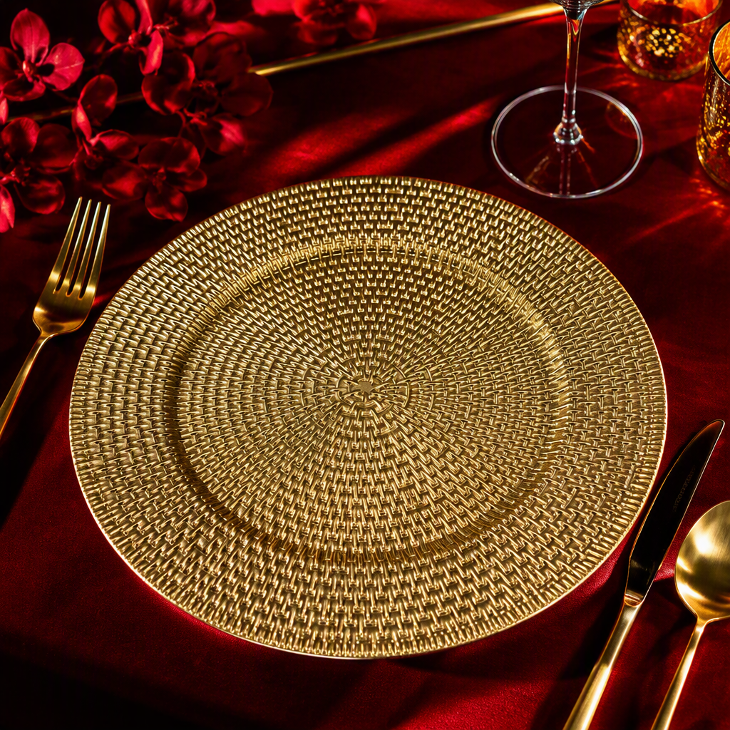 Golden woven texture plates are fashionable and creative home decoration tableware and table items. They are essential for restaurants Specification image
