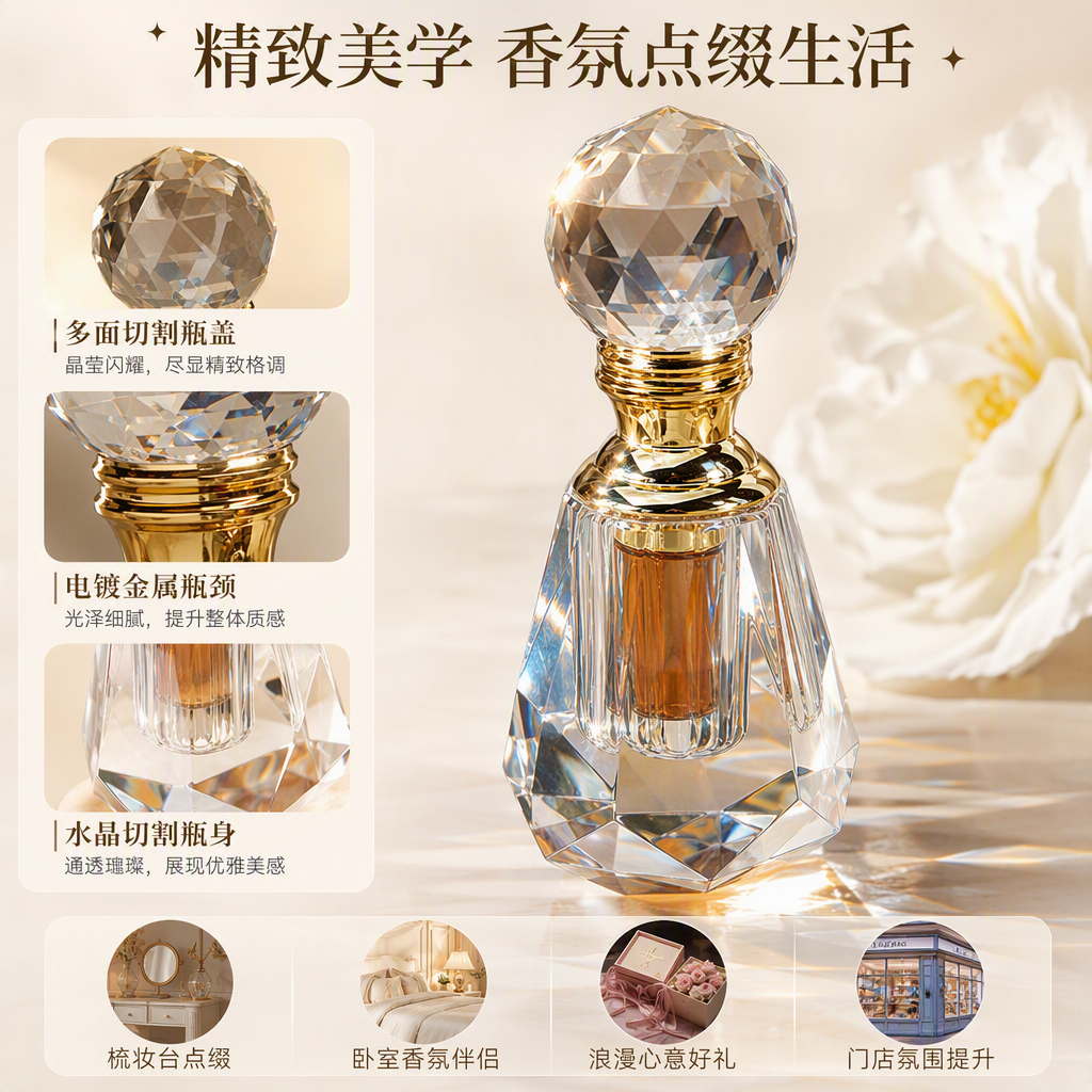 Crystal spherical bottle stopper, golden bottle cap, transparent carved floral fragrance water bottle, elegant, fashionable and long-lasting fragrance container