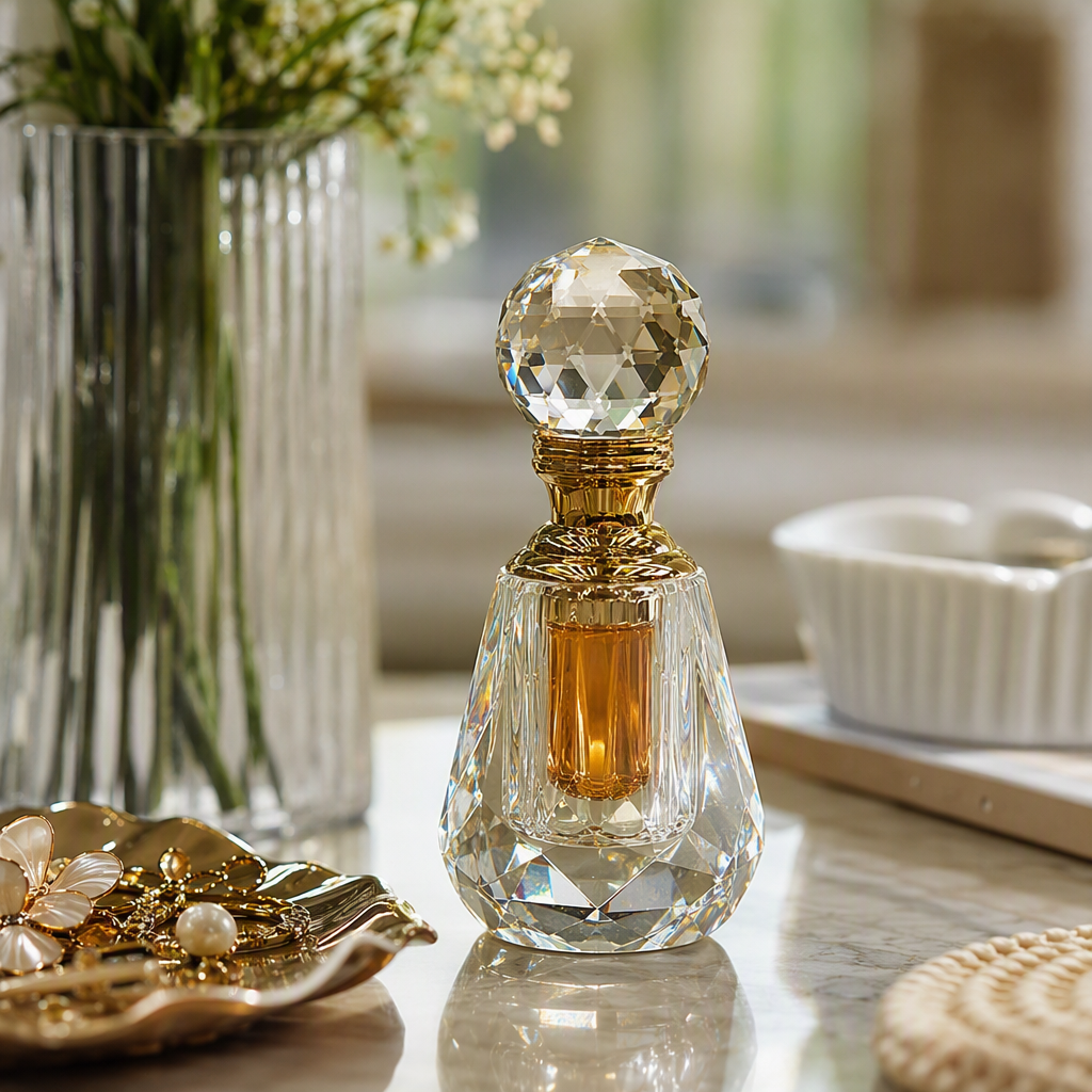 Crystal spherical bottle stopper, golden bottle cap, transparent carved floral fragrance water bottle, elegant, fashionable and long-lasting fragrance container details Picture
