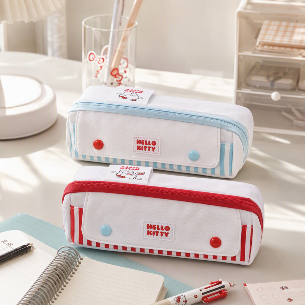 白色布艺笔袋带红蓝条纹装饰和Hello Kitty刺绣标时尚文具收纳袋学生用品产品图