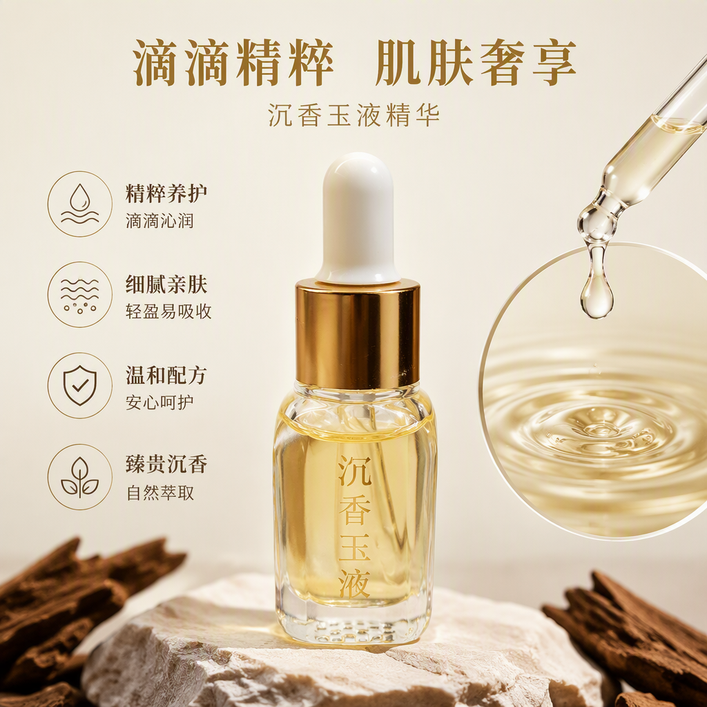 The agarwood jade liquid is exquisitely packaged in a glass bottle with a yellow liquid cap and a white dropper, exuding a natural fragrance