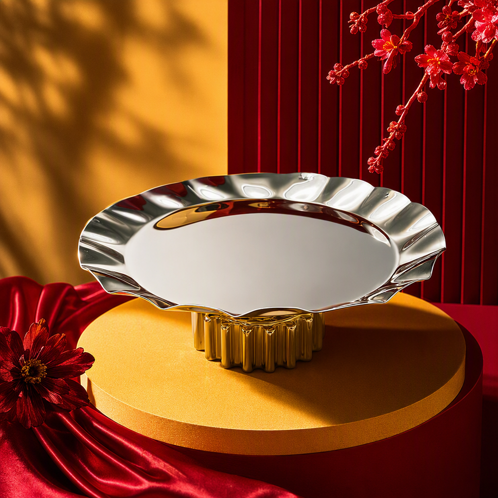 Bandeja decorativa de borde de onda plateada con base de engranaje de oro pieza creativa decoración del hogar artesanía regalos Specification image