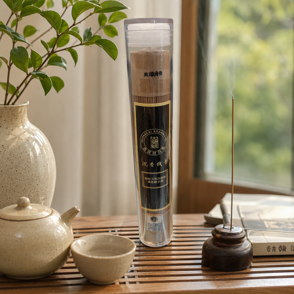 Transparent cylindrical packaging of agarwood incense sticks, natural agarwood powder brown long and slender incense sticks, ancient Fan CAI label, incense products details Picture