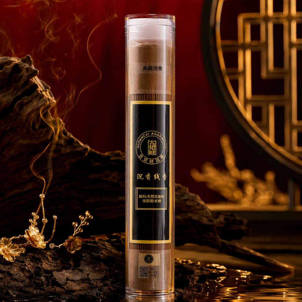 Transparent cylindrical packaging of agarwood incense sticks, natural agarwood powder brown long and slender incense sticks, ancient Fan CAI label, incense products Specification image