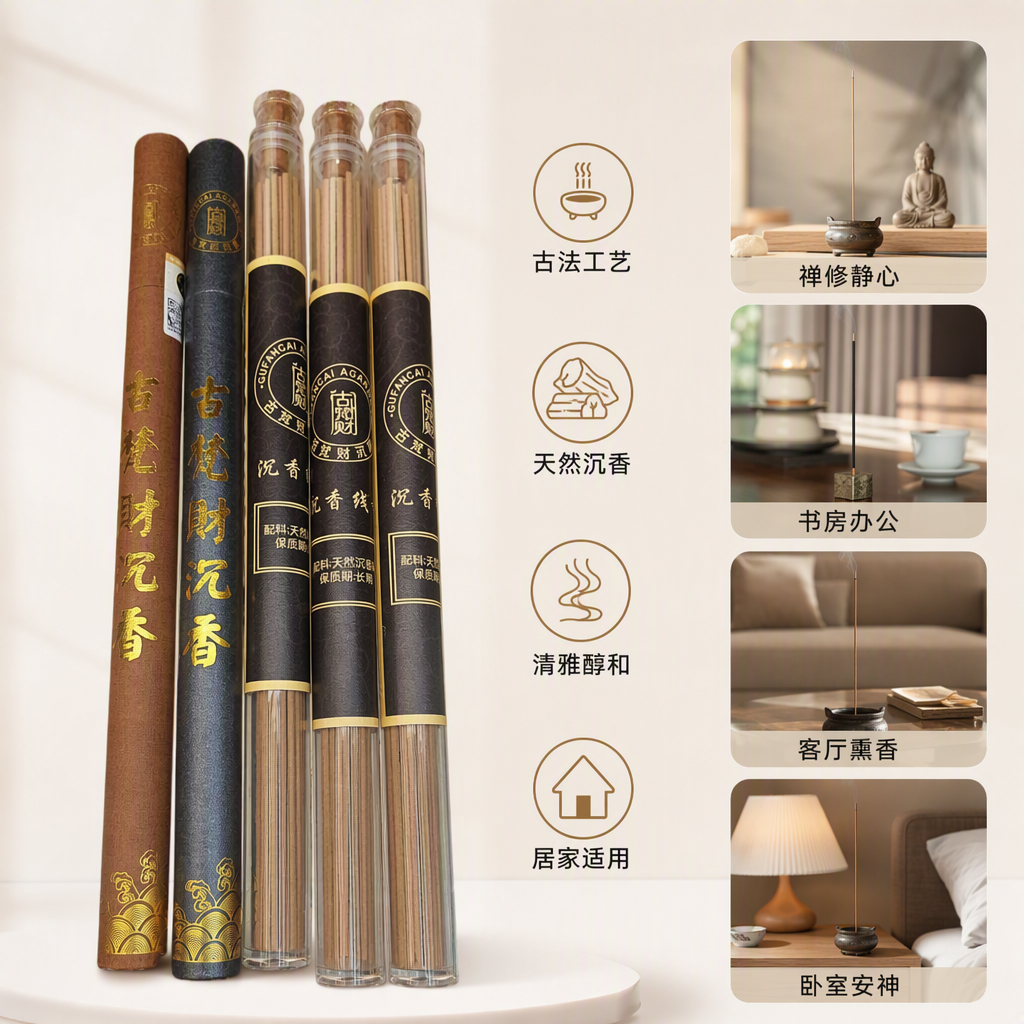 Three transparent tubes of Gufancai agarwood incense sticks are available in rolls. They have a long-lasting and rich fragrance and are essential incense products