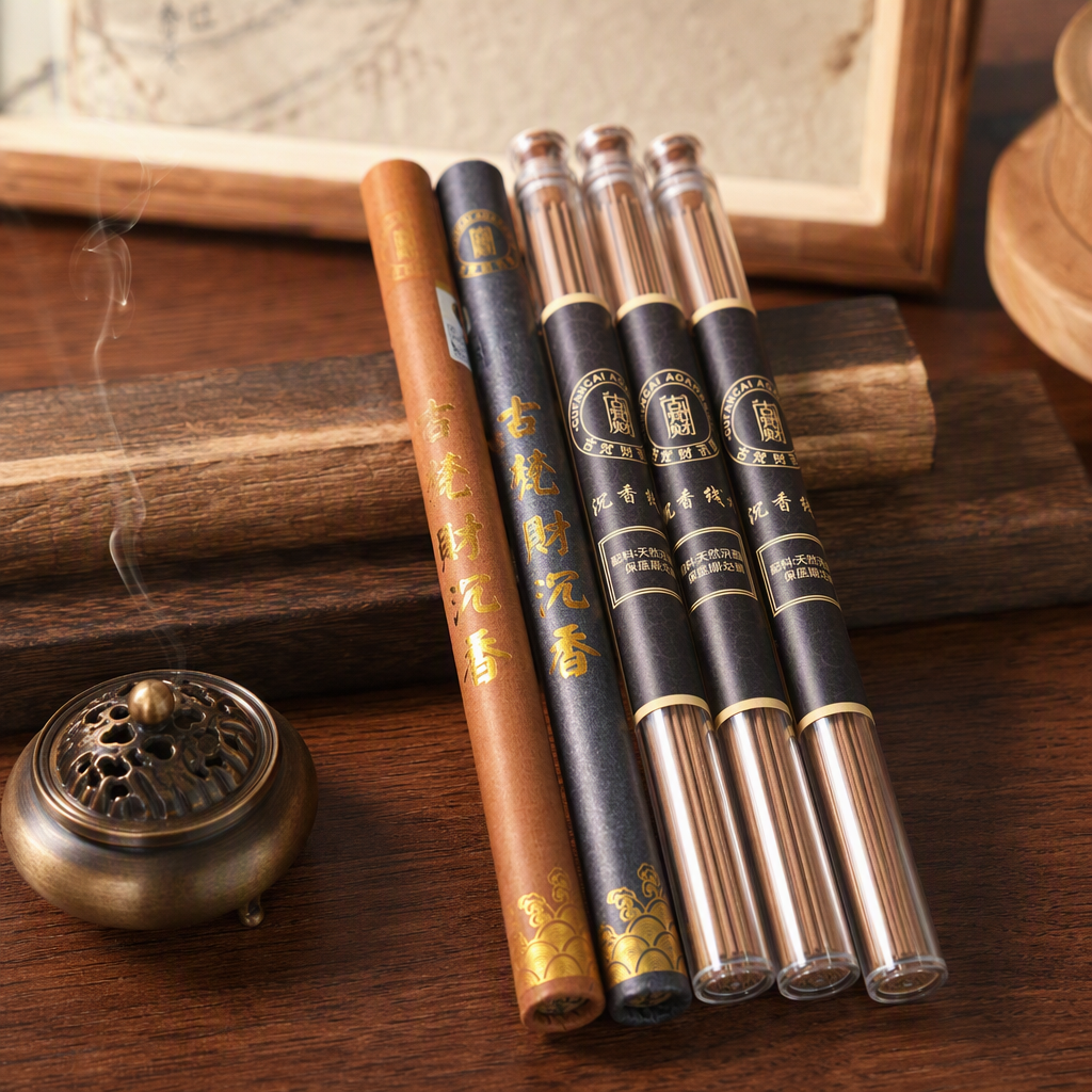 Three transparent tubes of Gufancai agarwood incense sticks are available in rolls. They have a long-lasting and rich fragrance and are essential incense products details Picture