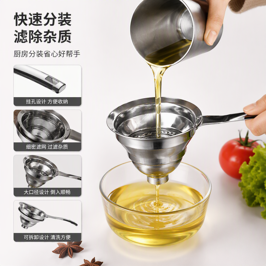 Stainless steel oil funnel, high-temperature resistant thickened, kitchen tool oil bottle, oil dispenser, household oil dispenser