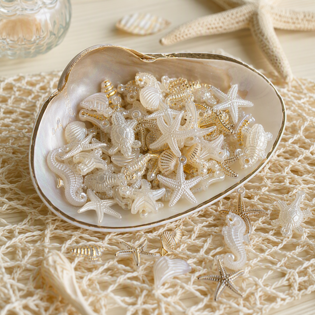 White Marine animal shell and pearl decorations, starfish, seahorse and turtle handcrafted ornaments, creative home decorations details Picture