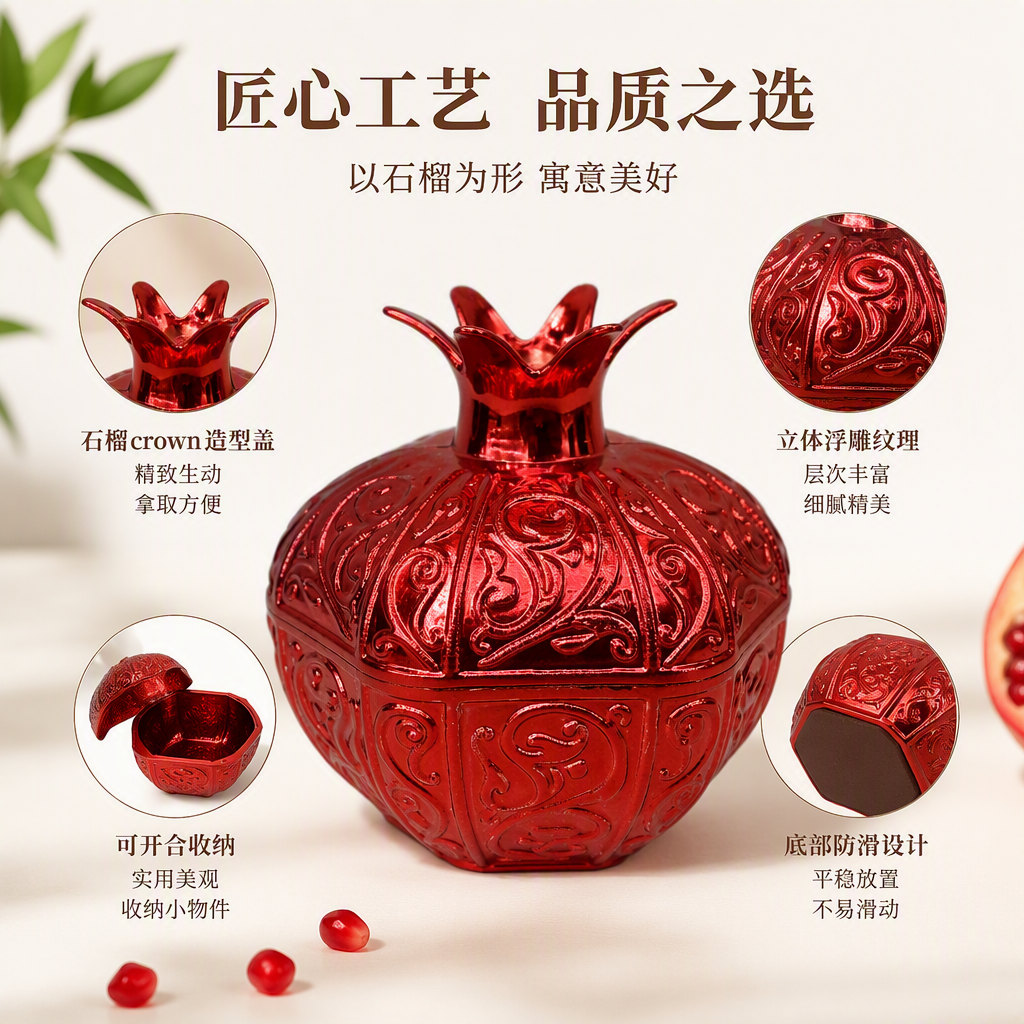 创意红色石榴造型装饰盒收纳礼品摆件家居装饰品创意礼盒收纳盒子