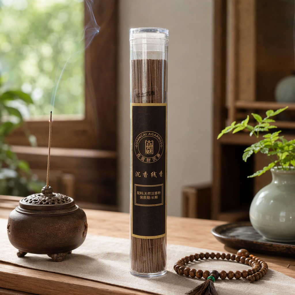 The agarwood incense stick is in a transparent cylinder, with a long brown incense stick. It has a black background and a golden-edge label. The ancient Fan CAI incense burner is used as an indoor fragrance details Picture