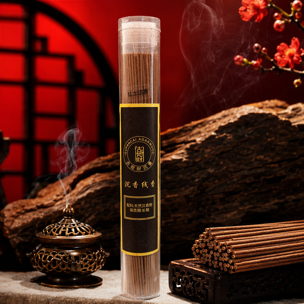 The agarwood incense stick is in a transparent cylinder, with a long brown incense stick. It has a black background and a golden-edge label. The ancient Fan CAI incense burner is used as an indoor fragrance Specification image