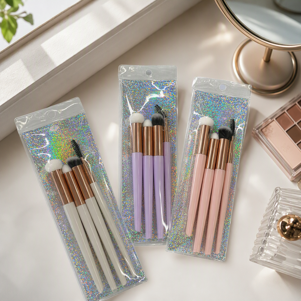 A set of makeup brushes with multiple rose gold handles in a colorful glitter packaging, a long-lasting beauty tool that won't smudge details Picture