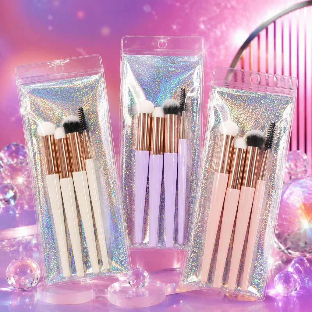 A set of makeup brushes with multiple rose gold handles in a colorful glitter packaging, a long-lasting beauty tool that won't smudge Specification image