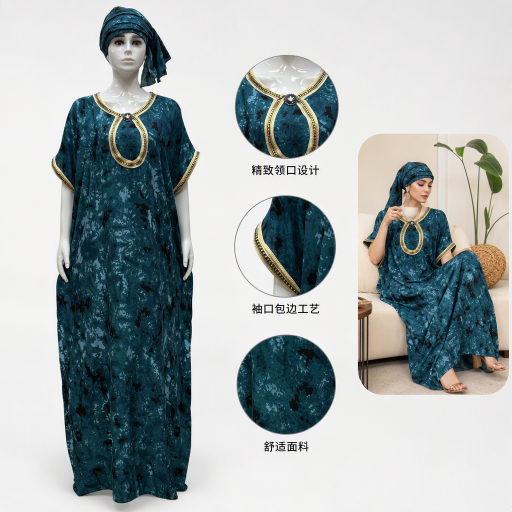 A model showcases the new summer women's wear in a loose, casual and retro style with dark green tie-dyed robes