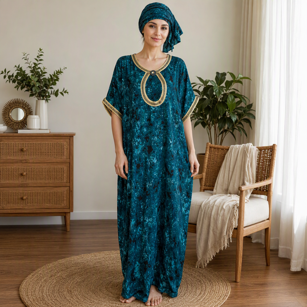 A model showcases the new summer women's wear in a loose, casual and retro style with dark green tie-dyed robes details Picture