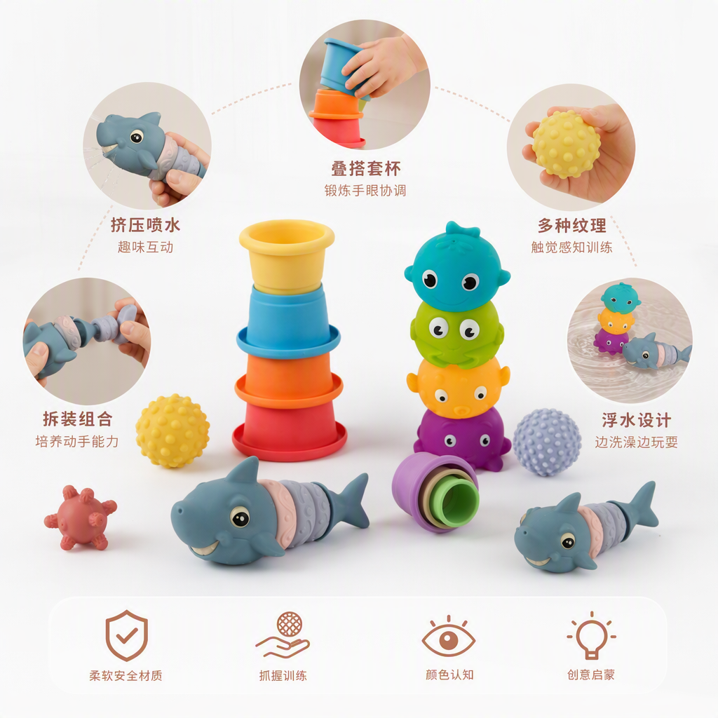 Colorful soft rubber baby toy set, safe and non-toxic, baby intelligence and early education enlightenment toy gift box