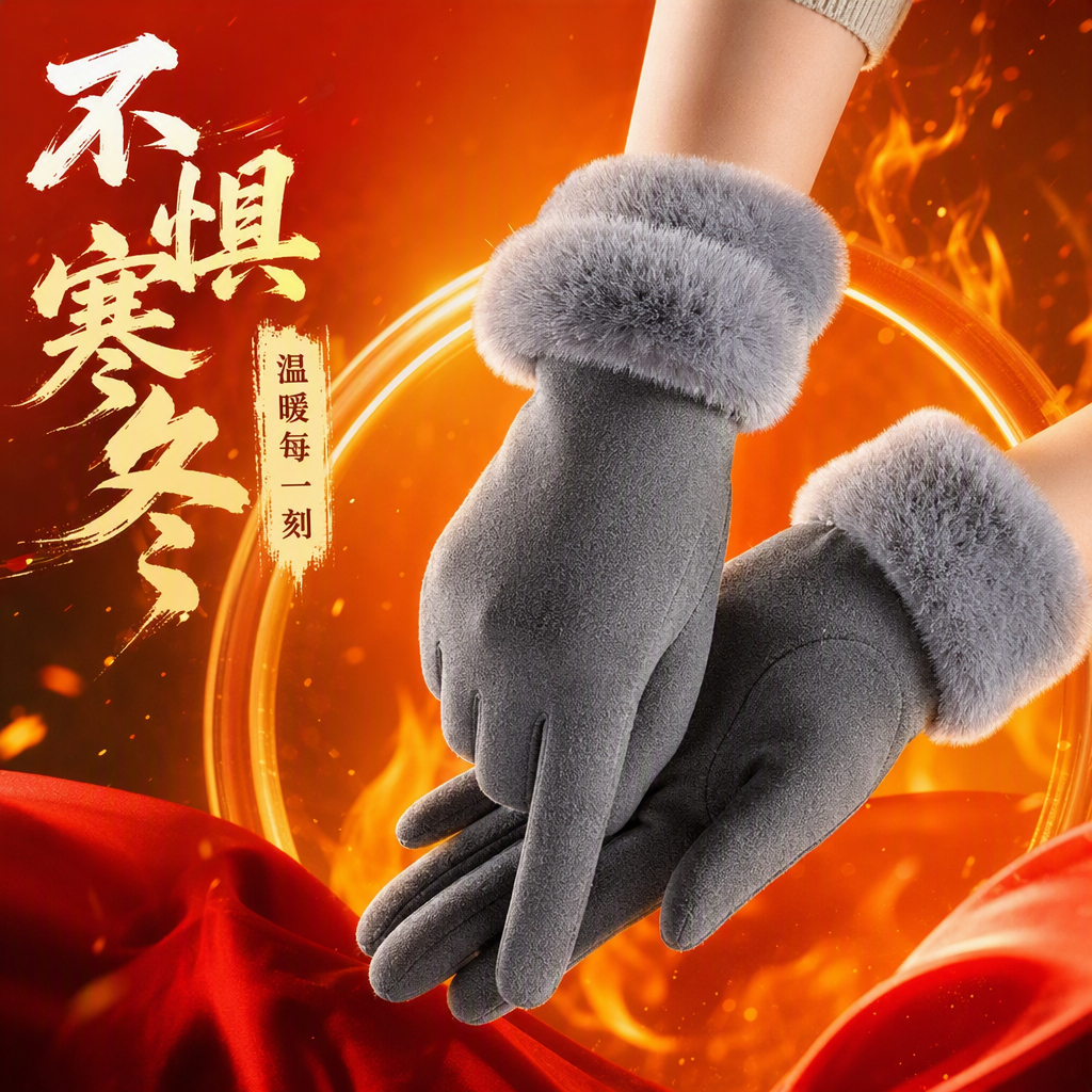 Grey German fleece winter gloves with plush cuffs are warm, fashionable and suitable for beige coats as hand accessories Specification image
