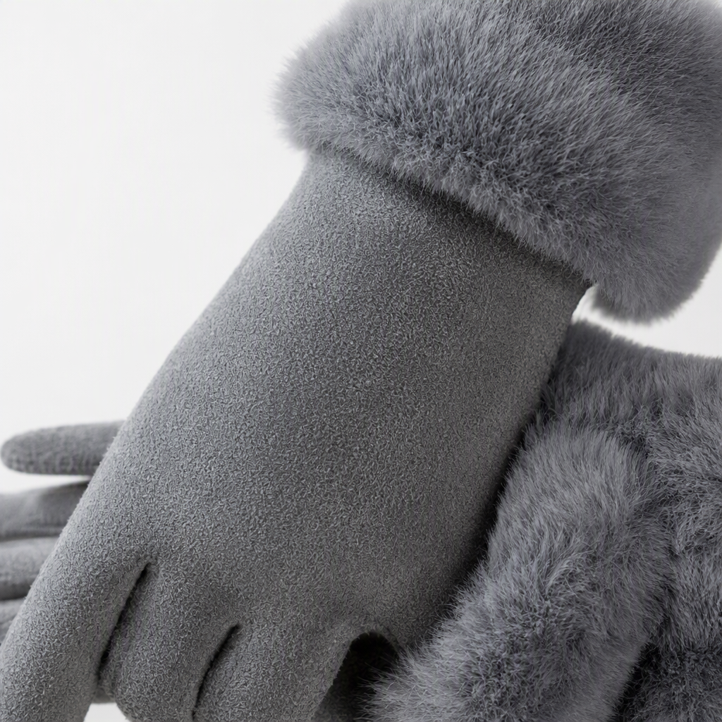 Grey German fleece winter gloves with plush cuffs are warm, fashionable and suitable for beige coats as hand accessories Application Scenario