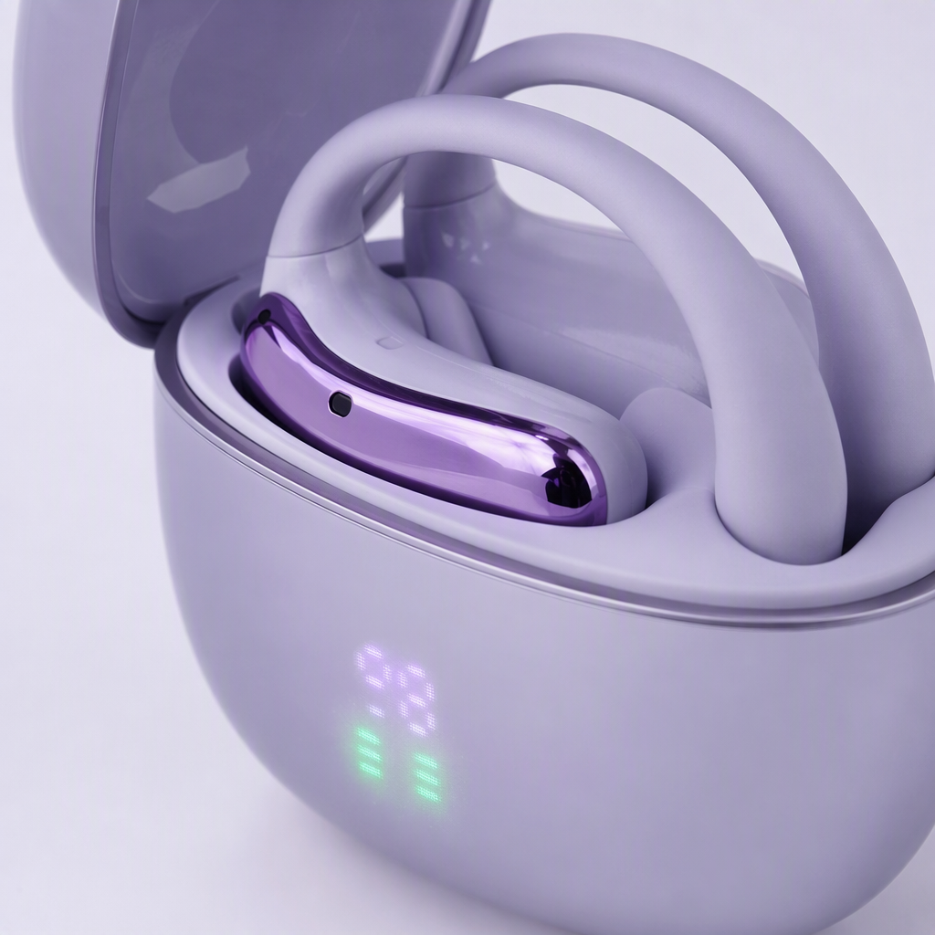 Fashionable purple packaging box with black, gray and beige earphone charging case, portable wireless Bluetooth earphone storage box, trendy style Application Scenario