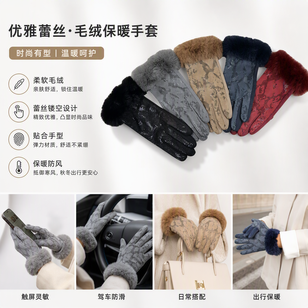 Five pairs of colorful plush lace gloves are warm, cold-proof, fashionable and versatile. Winter women's glove gift box set